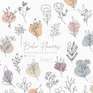 Doodle boho flowers svg, hand-drawn, wildflowers bundle, simple, scandi, minimal, abstract, botanical line art, cut file / svg, png, dxf,eps