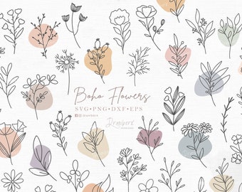 Doodle boho flowers svg, hand-drawn, wildflowers bundle, simple, scandi, minimal, abstract, botanical line art, cut file / svg, png, dxf,eps