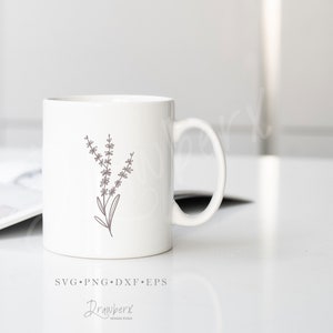 May include: White ceramic mug featuring a line drawing of lavender flowers in grey. The mug has the text "SVG.PNG.DXF.EPS" and "Drawberx" printed on the bottom.