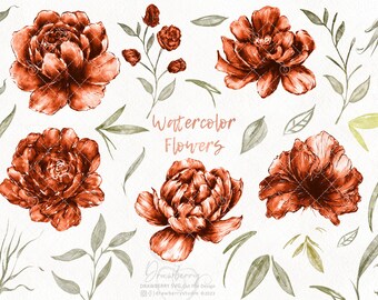 Watercolor Flowers Clipart, watercolor Png file, hand painted, blossom, boho flowers, leaves, coral, spring, red, wedding, Download