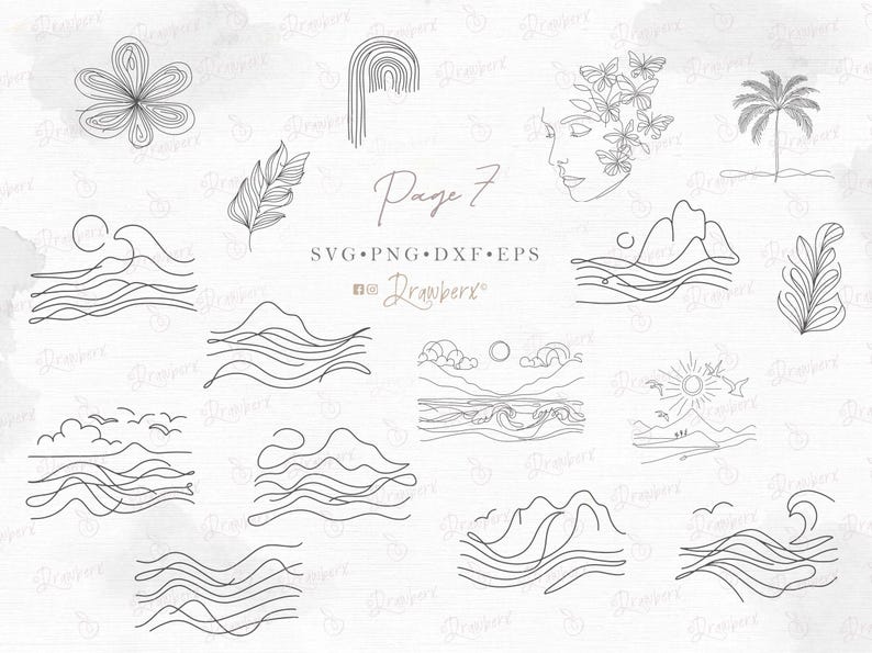 Puede incluir: Un conjunto de 12 ilustraciones de arte de l&iacute;nea con varios temas de playa y oc&eacute;ano. Las ilustraciones incluyen olas, palmeras, conchas marinas y un sol. Las ilustraciones son en blanco y negro y son perfectas para usar en proyectos digitales o f&iacute;sicos.