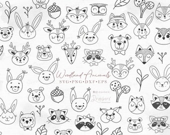 Cute animal face svg, Outline doodle animals, scandinavian Woodland Animal head / bear, deer, bunny, raccoon, baby animal / svg png dxf eps