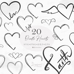May include: A set of 20 black and white doodle hearts, including hearts with wings, hearts with text, and simple hearts. The text on the hearts includes "love", "Mr", and "Faith".