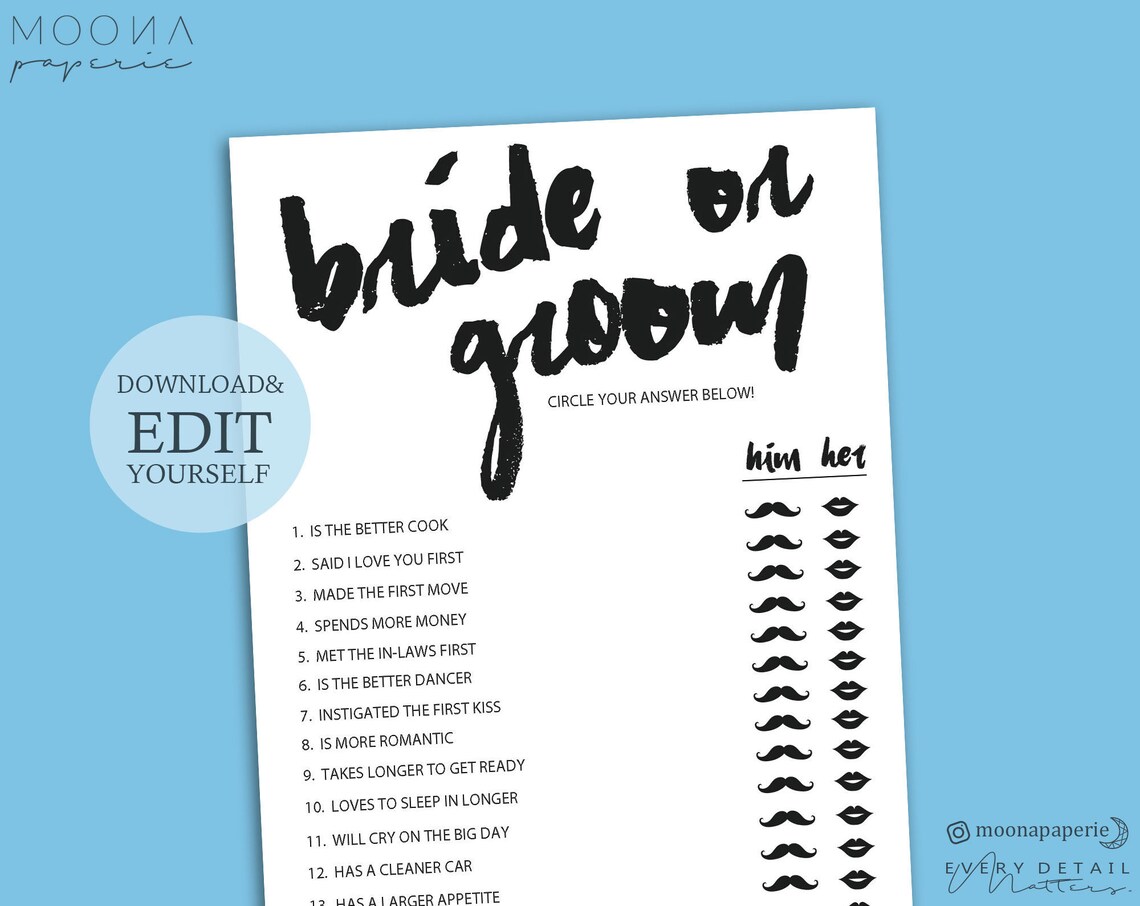 Bride or Groom Game Printable Bridal Shower Games Guess Who Etsy