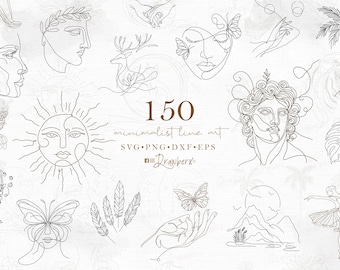 May include: A collection of 150 minimalist line art designs, including a sun, a butterfly, a deer, a hand, a mountain, a dancer, and a palm tree. The text "150 minimalist line art SVG PNG DXF EPS @Drawberx" is included in the image.