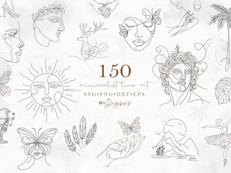 Puede incluir: Una colecci&oacute;n de 150 dise&ntilde;os de arte de l&iacute;nea minimalista, que incluyen un sol, una mariposa, un ciervo, una mano, una monta&ntilde;a, una bailarina y una palmera. El texto "150 minimalist line art SVG PNG DXF EPS @Drawberx" est&aacute; incluido en la imagen.