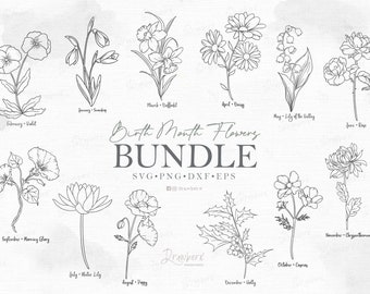 Birth Month flowers SVG bundle / 12 Hand-drawn birthday flower outline, diy tattoo design /laser Cut Files, Svg, Png, Eps, Dxf / Digital