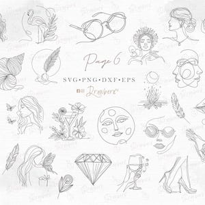 Puede incluir: Un conjunto de 20 ilustraciones de arte de l&iacute;nea que presentan varios dise&ntilde;os, incluyendo un flamenco, una pluma, una luna, un diamante, una copa de vino, un par de gafas de sol, una hoja, una cara de mujer y un par de manos. Las ilustraciones son en blanco y negro y est&aacute;n sobre un fondo blanco. P&aacute;gina 6 SVG PNG DXF EPS Drawberry.