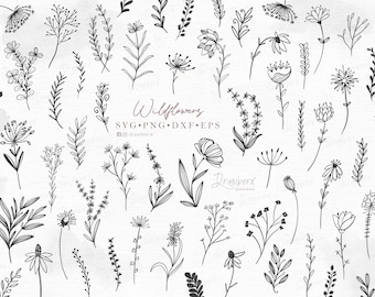 Wildflower floral svg bundle, doodle flowers svg, boho leaf branch svg, hand drawn, field of flowers line art, botanical /svg, png, dxf, eps