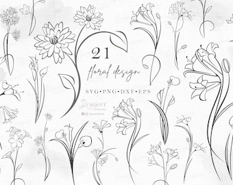 Flower Line Art SVG | Minimalist Botanical Drawing - Boho Floral Tattoo Design - Laser Cut File Cricut png, dxf, eps, pdf