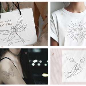 Puede incluir: Cuatro im&aacute;genes que muestran dise&ntilde;os de arte de l&iacute;nea. La primera imagen muestra una lib&eacute;lula con un fondo blanco. La segunda imagen muestra un sol con una cara y rayos. La tercera imagen muestra una mariposa. La cuarta imagen muestra dos manos sosteniendo un c&iacute;rculo.