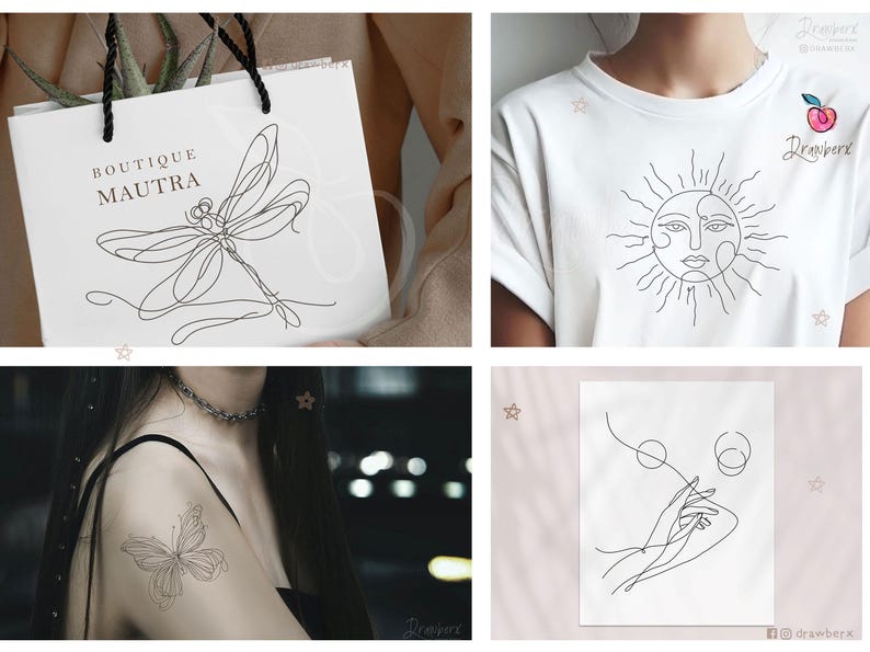 Puede incluir: Cuatro im&aacute;genes que muestran dise&ntilde;os de arte de l&iacute;nea. La primera imagen muestra una lib&eacute;lula con un fondo blanco. La segunda imagen muestra un sol con una cara y rayos. La tercera imagen muestra una mariposa. La cuarta imagen muestra dos manos sosteniendo un c&iacute;rculo.