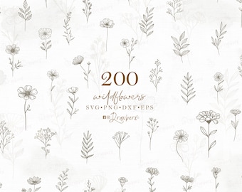 Hand Drawn Botanical SVG & PNG | 200 Wildflowers, Boho Branches, Floral Clipart | Doodle, Line Art, field of flowers / svg, png, dxf, eps