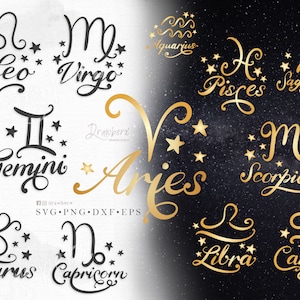 Zodiac SVG Bundle, Horoscope svg, Birthday Zodiac sign svg, Astrology symbol, 12 Constellation cut file / svg, png, dxf, eps, pdf
