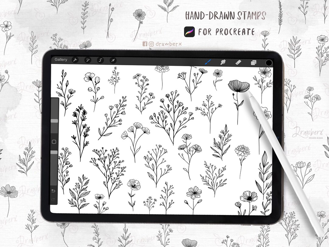 Procreate Stamps Tiny Flowers | 205 Fineline Floral Tattoo Stamps ...