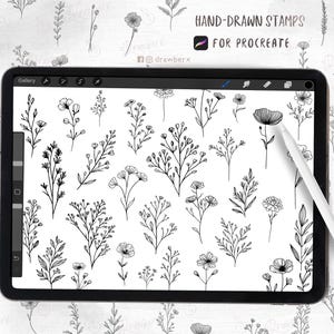 May include: A digital tablet screen displaying a collection of hand-drawn floral stamps for the Procreate app. The stamps feature various styles of flowers and leaves, ideal for adding a touch of nature to digital art.