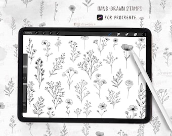 Procreate Stamps Tiny Flowers | 205 Fineline Floral Tattoo Stamps, minimalist, wildflowers, Brush set, Botanical Flash Tattoo Stencil Design