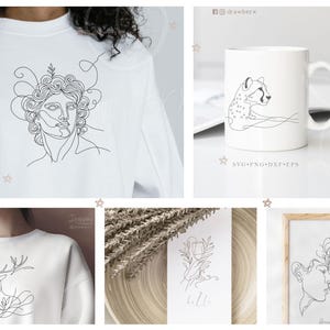 Puede incluir: Un conjunto de cinco dise&ntilde;os de arte de l&iacute;nea que presentan una cara humana, un guepardo, un ciervo, una mano sosteniendo una copa de vino y dos personas bes&aacute;ndose. Los dise&ntilde;os son en blanco y negro y son perfectos para usar en camisetas, tazas y otros productos.