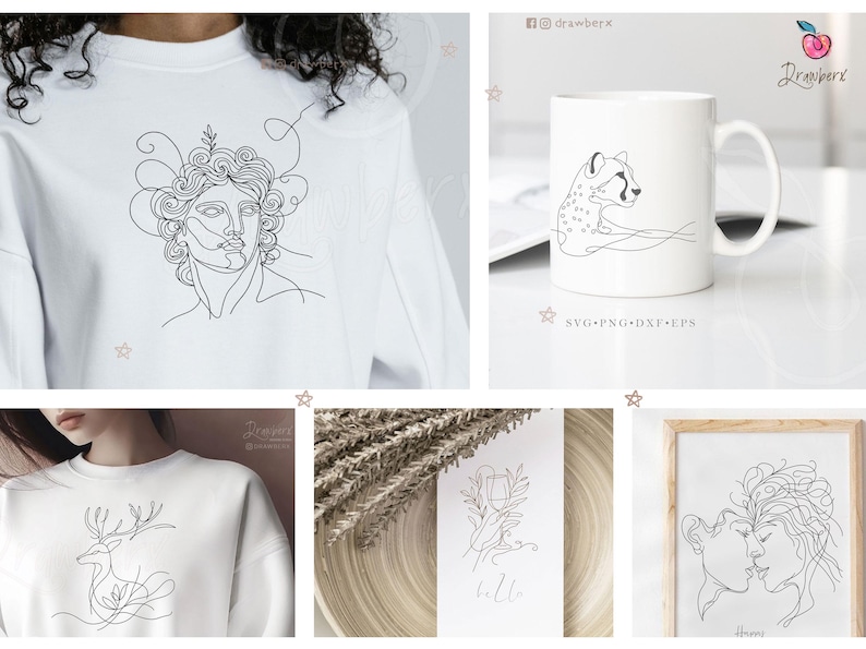 Puede incluir: Un conjunto de cinco dise&ntilde;os de arte de l&iacute;nea que presentan una cara humana, un guepardo, un ciervo, una mano sosteniendo una copa de vino y dos personas bes&aacute;ndose. Los dise&ntilde;os son en blanco y negro y son perfectos para usar en camisetas, tazas y otros productos.