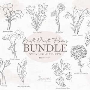 Birth Flowers Bundle, SVG PNG, 12-Month | Hand-Drawn Flowers / Botanical svg, line art, birthday tattoo floral design, Cut Files cricut