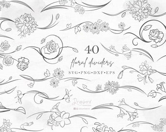 Floral Border svg / Botanical Divider svg, 40 Flower swirl design, flourish, decals, ornaments, decorative corner, cut file /svg,png,dxf,eps