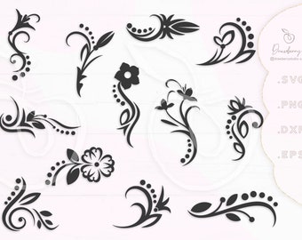 Floral Swirl svg / Decorative flourish svg, Vine svg, flower corner swoosh, Ornaments Svg / Swirls Cut File / svg +png +dxf +eps +pdf