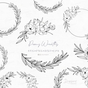 Peony flower border svg, Wreath Svg, floral line art, hand-drawn flowers frame cut file / svg, png, eps, dxf