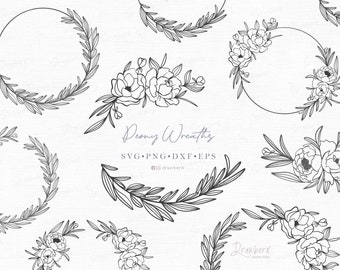 Peony flower border svg, Wreath Svg, floral line art, hand-drawn flowers frame cut file / svg, png, eps, dxf