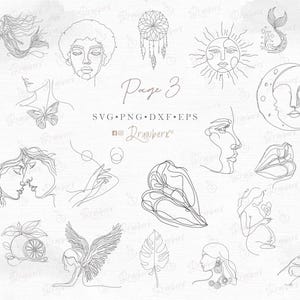 Puede incluir: Un conjunto de 20 ilustraciones de arte de l&iacute;nea que presentan varios dise&ntilde;os, que incluyen un &aacute;rbol, una mariposa, un sol, una luna, una sirena, un atrapasue&ntilde;os, una flor, una mano, una cara de mujer, un vestido y un par de labios. Las ilustraciones son en blanco y negro y est&aacute;n dibujadas en un estilo minimalista. El texto "Page 3" y "SVG.PNG.DXF.EPS" est&aacute; incluido en la imagen.