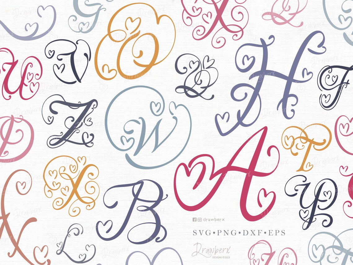 Flourish Letters SVG | Fancy Script Monogram Alphabet With Hearts ...