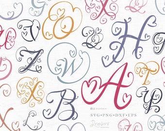 Flourish Letters svg, Fancy Script Monogram with hearts / Cursive initials, Alphabet / Svg, Cut File, Png, Eps, Dxf, Pdf