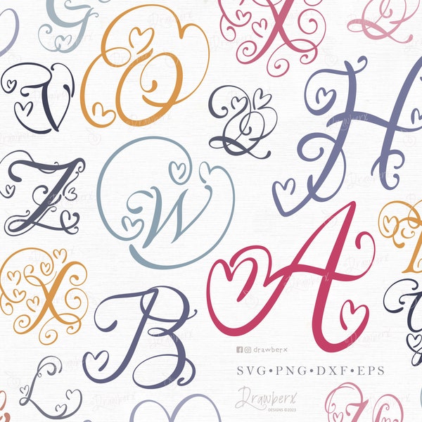 Flourish Letters svg, Fancy Script Monogram with hearts / Cursive initials, Alphabet / Svg, Cut File, Png, Eps, Dxf, Pdf