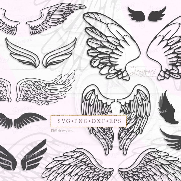 Angel wings svg, tattoo design, liner, angel, demon, fairy, simple wing outline, pair of wings, cut file, svg, png, dxf, eps, pdf
