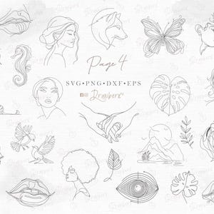 Puede incluir: Un conjunto de 18 ilustraciones de arte de l&iacute;nea que presentan varios dise&ntilde;os, incluyendo un guepardo, un tigre, una mariposa, un lobo, un caballito de mar, una monta&ntilde;a, una hoja, una mano, labios, un ojo y una cara de mujer. Las ilustraciones son en blanco y negro y tienen una est&eacute;tica minimalista.