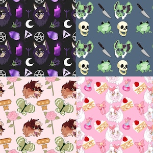 May include: Four different seamless patterns. The first pattern is black with purple, white, and grey elements. The second pattern is blue with green, white, and grey elements. The third pattern is pink with brown, white, and green elements. The fourth pattern is pink with white, brown, and green elements.