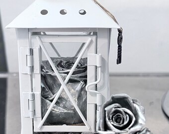 Mini Metal Lantern with Preserved Rose, Tiered Tray Decor