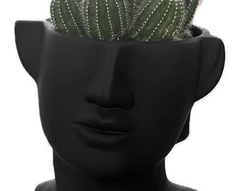 3D Ceramic Face Planter, Minimalist Black Head Pot with Cactus