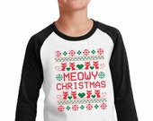 Meowy Christmas Kitty Cat Lover Pet Owner Gift Merry Christmas Kids Christmas Tee Holiday Santa Gift - Baseball raglan Elf Xmas