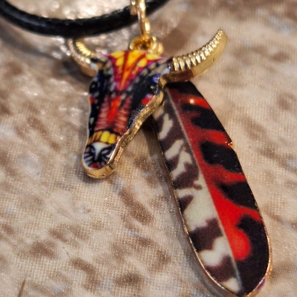 Enameled Alloy Skull and Feather Necklace in Red Variation
