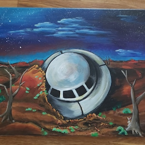 Crashed Alien Art, Original Art, Alien Wall Art, Original Art, Alien Painting, Alien Lover, Martian Gift, UFO Art, UFO Wall Art l, UFO Gift