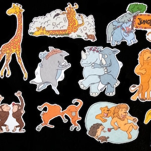 May include: A set of 10 colorful animal stickers featuring a variety of jungle animals dancing. The stickers include a giraffe, a rhino, a lion, a hippo, a monkey, a warthog, and a hedgehog. The stickers are perfect for adding a touch of whimsy to any project.