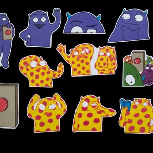 May include: A set of colorful cartoon stickers featuring various characters with different expressions. The stickers are printed on white paper and have a glossy finish. Some of the characters are wearing polka dots and others are solid colors.