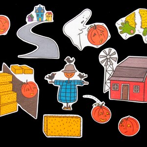 Peut inclure: Un ensemble de découpes en feutre sur le thème d'Halloween, comprenant une grange rouge, un épouvantail, un fantôme, une citrouille, des balles de foin et un chemin sinueux.