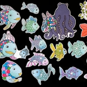 May include: A set of colorful, hand-painted ocean animal stickers, including fish, an octopus, a starfish, a seashell, and a sea plant. The stickers are perfect for adding a touch of whimsy to any project.
