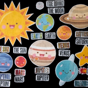 May include: A colorful illustration of the solar system with the sun, planets, and the moon. The planets are depicted as cartoon characters with smiling faces. The names of each planet are written below the illustrations. The names of the sun and moon are written above their illustrations.