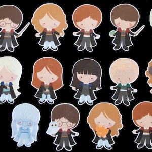 May include: A set of 15 colorful cartoon stickers featuring characters from the Harry Potter series. The stickers are printed on white paper and have a glossy finish.