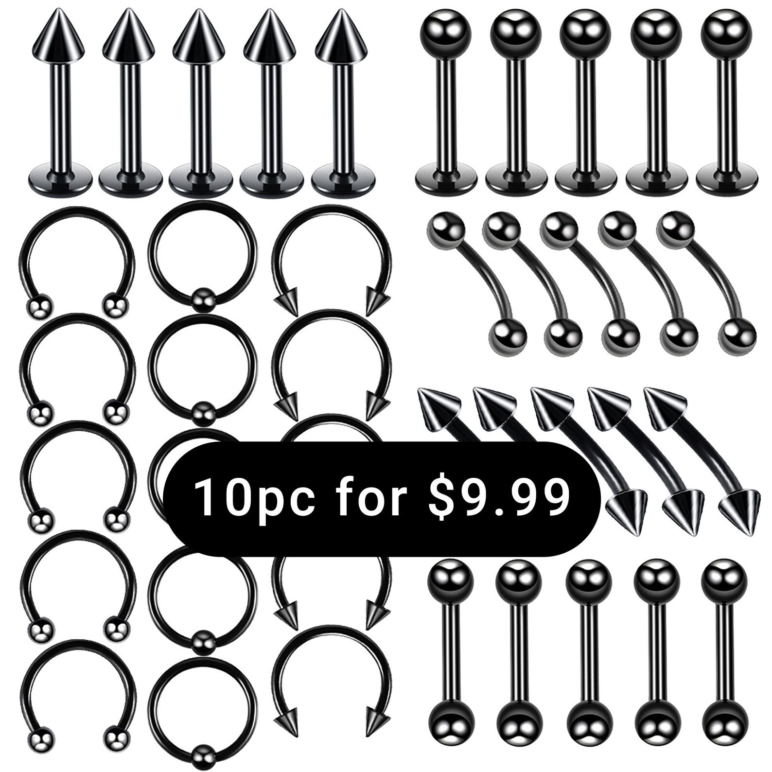 10pc 18G BLACK Stainless Steel Body Piercing Jewelry Mix and Etsy