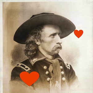 May include: A black and white portrait of a man wearing a black hat and a dark jacket with buttons. He has a mustache and long hair. There are two red hearts in the image.