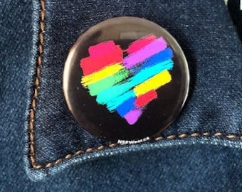 Rainbow Heart- 1.5 Inch Pin Back or Magnet Button Badge Flare Kinky Sexy Funny Handmade