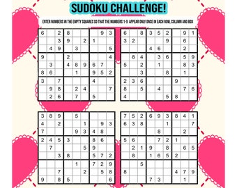 Sudoku puzzle print out instant download valentines day puzzle digital download sudoku work sheet printable games
